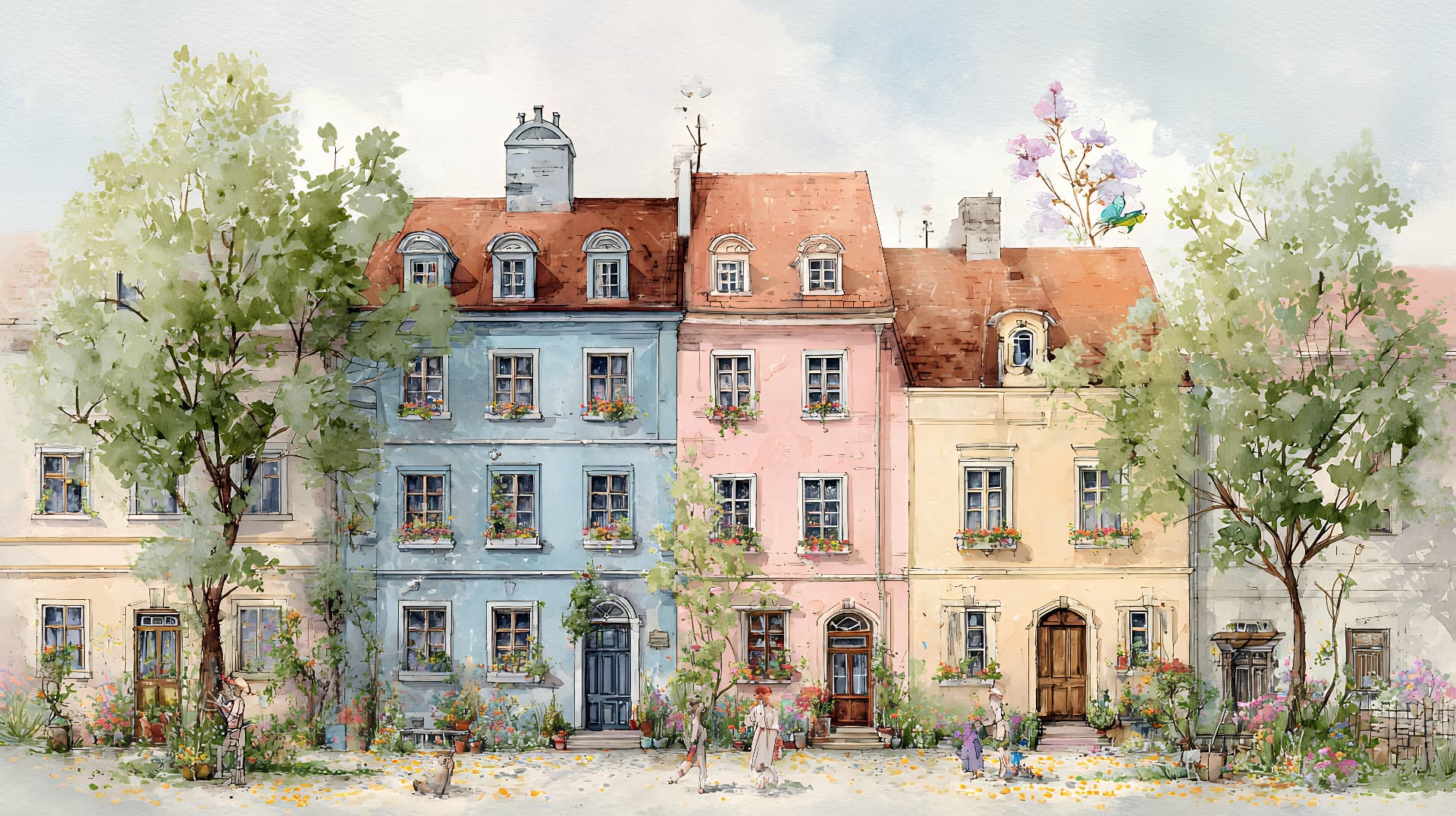 Aquarell einer historischen Häuserzeile mit Bäumen und Blumen