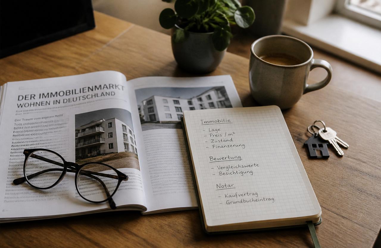 Schreibtisch mit Notizbuch, Brille und Immobilienunterlagen